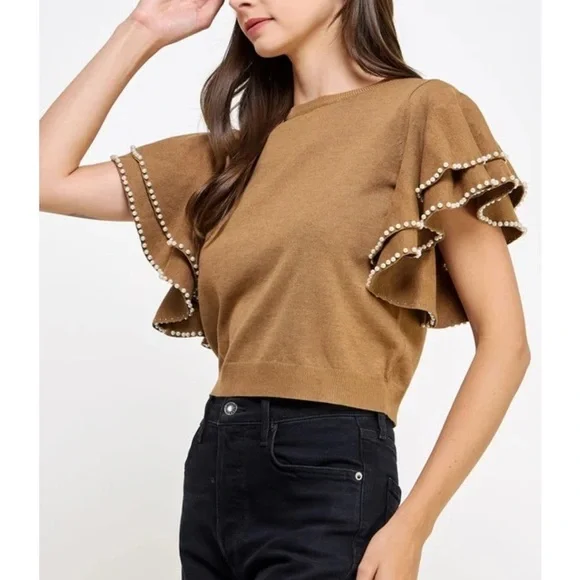 Strut & Bolt Tan Dramatic Statement Ruffle Sleeve Top Women's L Mob Wife - Picture 3 of 13